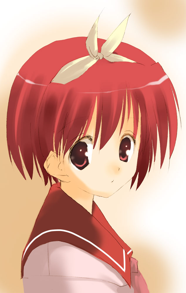 arikawa satoru, kamigishi akari, to heart, to heart (series), 1girl, female focus, hairband, red eyes, red hair, school uniform, short hair, simple background, solo