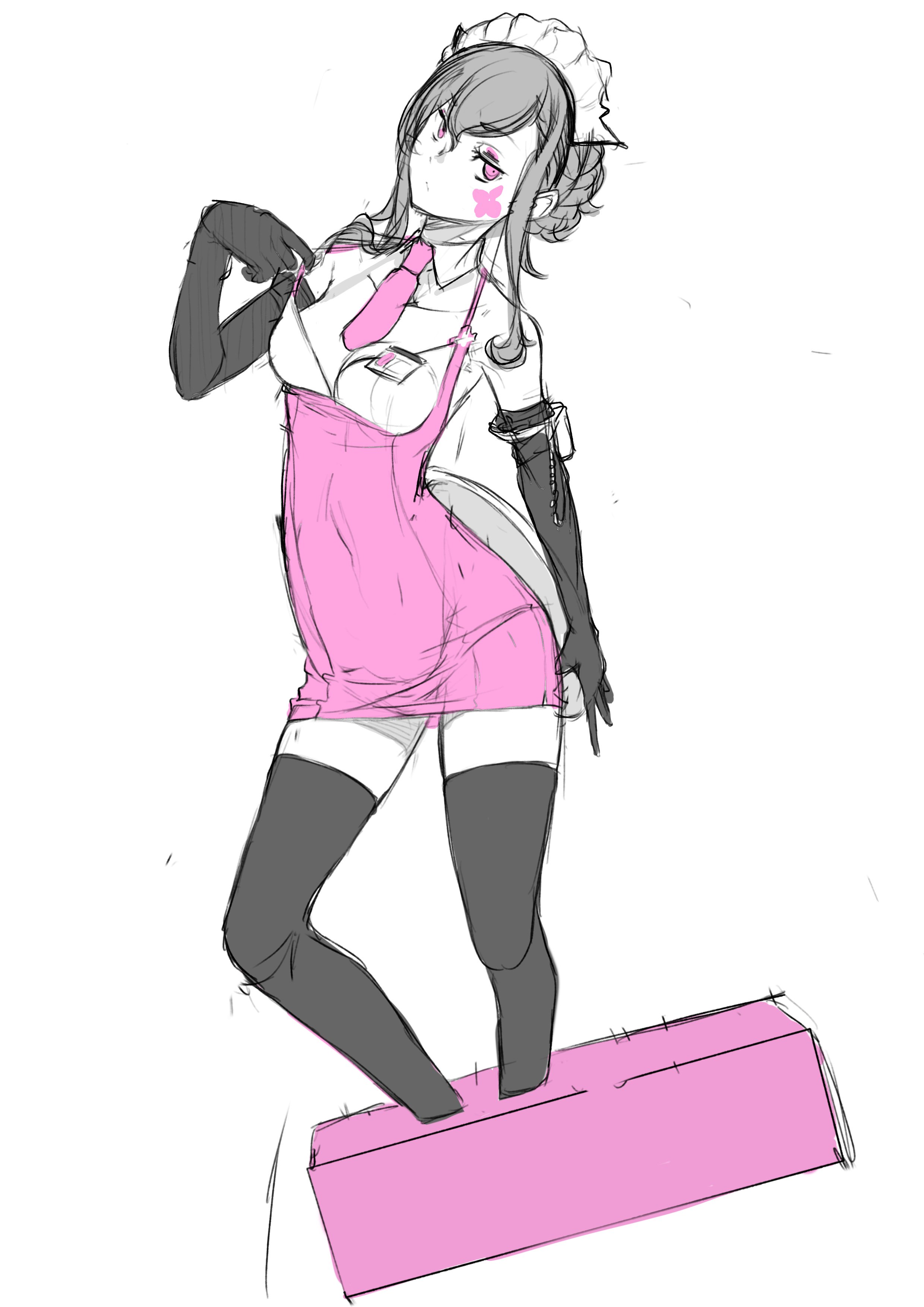 yasuda suzuhito, v lila f, yozakura quartet, absurdres, highres, 1girl, black thighhighs, braid, breasts, closed mouth, cropped legs, dress, elbow gloves, facial tattoo, gloves, greyscale, looking at viewer, monochrome, simple background, solo, spot color, tattoo, thighhighs, white background