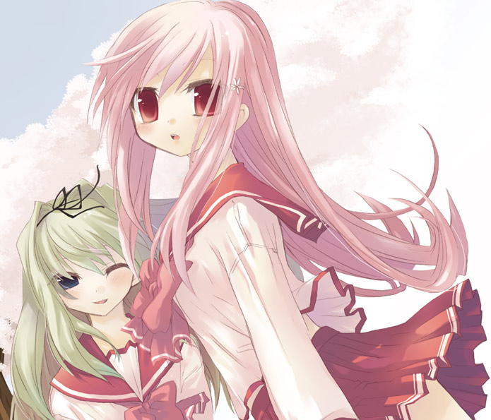 sazaki ichiri, kusugawa sasara, lucy maria misora, to heart (series), to heart 2, 00s, 2girls, blonde hair, multiple girls, pleated skirt, school uniform, serafuku, skirt