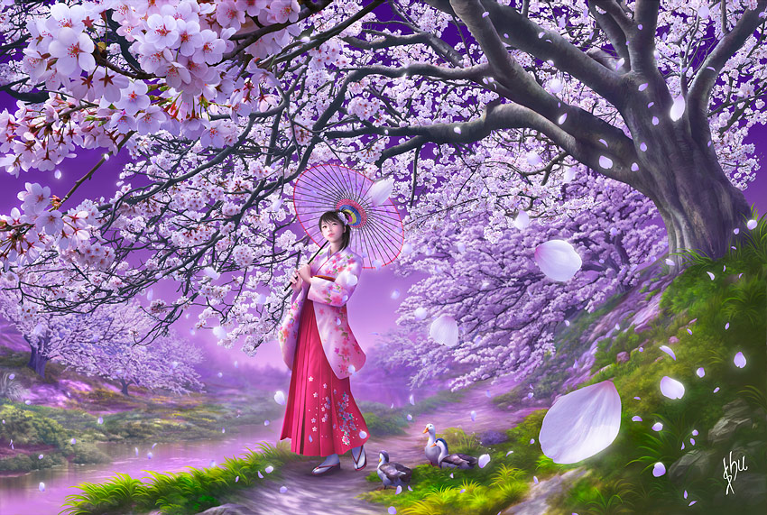 shu (littlebit), original, 1girl, bird, black hair, cherry blossoms, duck, female focus, flower, japanese clothes, nature, oil-paper umbrella, outdoors, parasol, photorealistic, realistic, scenery, solo, umbrella