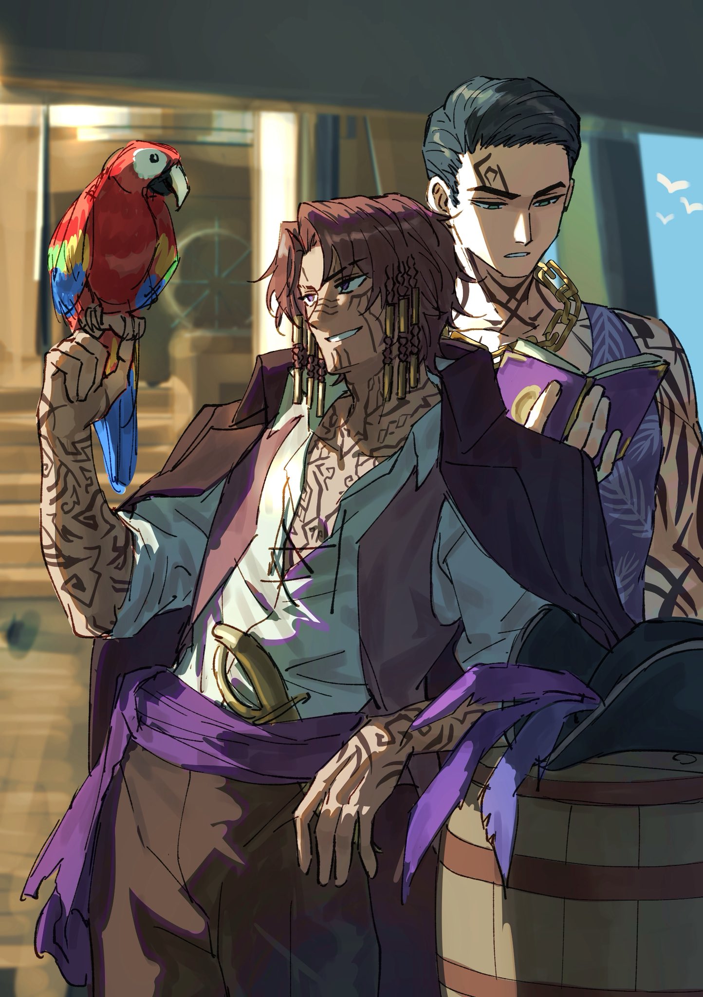killerohan, heathcliff (project moon), meursault (project moon), limbus company, project moon, highres, 2boys, arm tattoo, barrel, bird, bird on hand, black eyes, black hair, book, brown eyes, chain, chest tattoo, dreadlocks, elbow rest, facial tattoo, gold chain, grin, gun, hair slicked back, hand up, handgun, hat, holding, holding book, jacket, jacket on shoulders, leaf print, leaning back, male focus, multiple boys, official alternate costume, parrot, partially unbuttoned, pirate hat, purple jacket, purple tank top, purple vest, reading, ship, shirt, short hair, simple bird, sleeves rolled up, smile, standing, steering wheel, tank top, tattoo, thumb (identity) (project moon), vest, watercraft, weapon, white shirt
