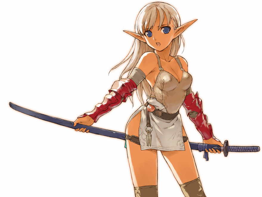 morisawa haruyuki, 1girl, armor, belt, blue eyes, breasts, cleavage, detached sleeves, elf, fantasy, female focus, katana, long hair, open mouth, pointy ears, sheath, solo, sword, thighhighs, unsheathing, weapon, white hair, zettai ryouiki