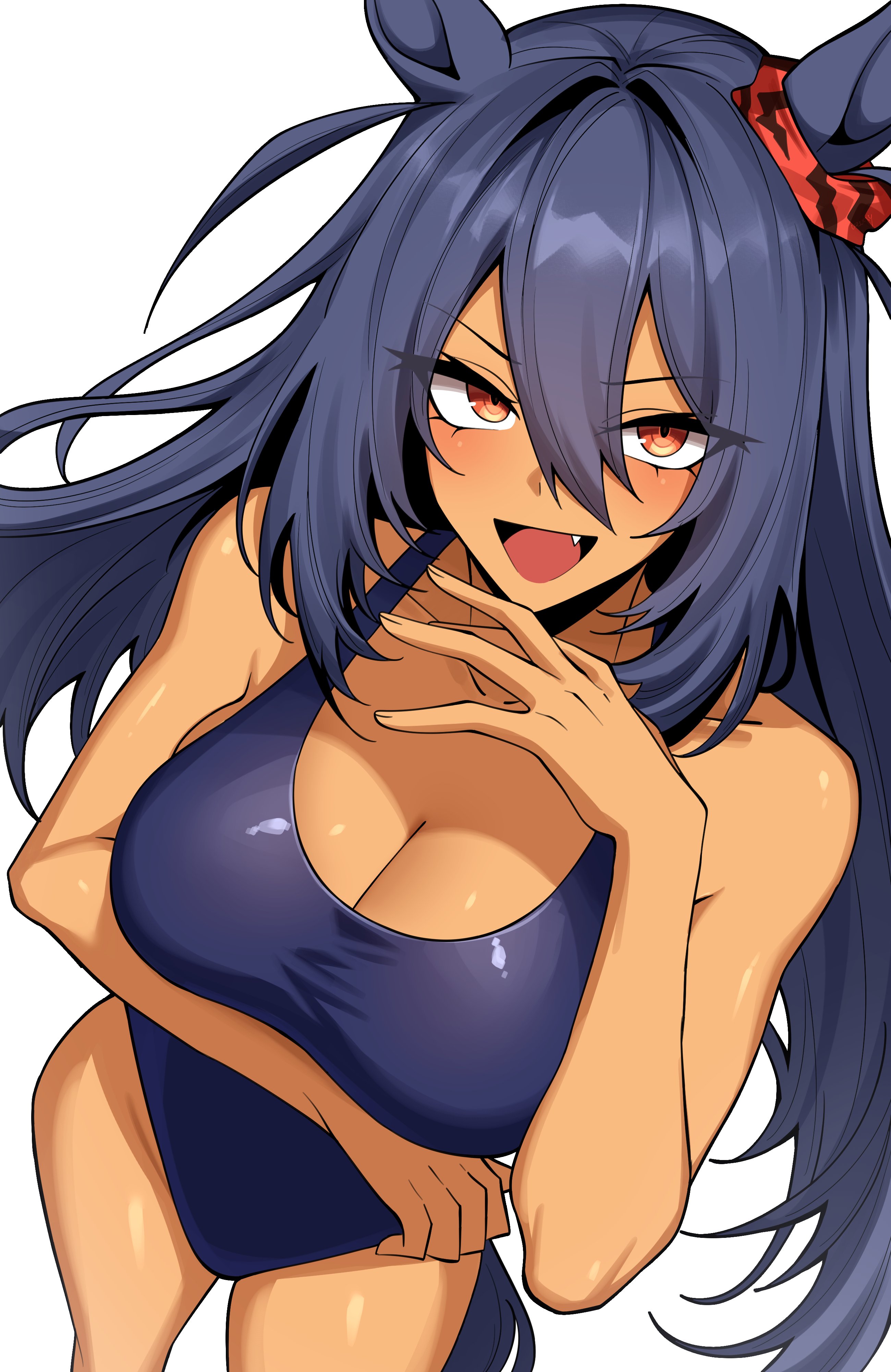 vvernerluniq, hishi amazon (umamusume), umamusume, absurdres, commentary request, highres, 1girl, :d, animal ears, black hair, blue one-piece swimsuit, bow, breasts, cleavage, collarbone, dark-skinned female, dark skin, ear ribbon, fang, hair between eyes, horse ears, horse girl, horse tail, large breasts, long hair, looking at viewer, one-piece swimsuit, open mouth, red ribbon, ribbon, simple background, smile, solo, standing, swimsuit, tail, thighs, white background