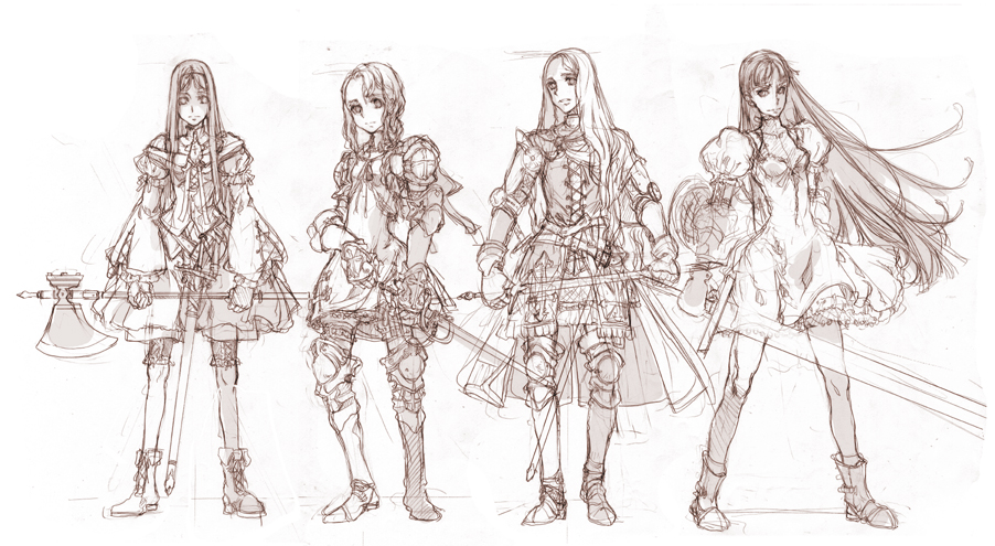 endou okito, acquire, wizardry, 4girls, axe, black hair, boots, brown theme, dress, knees, long hair, monochrome, multiple girls, okito endo, sketch, sword, very long hair, weapon