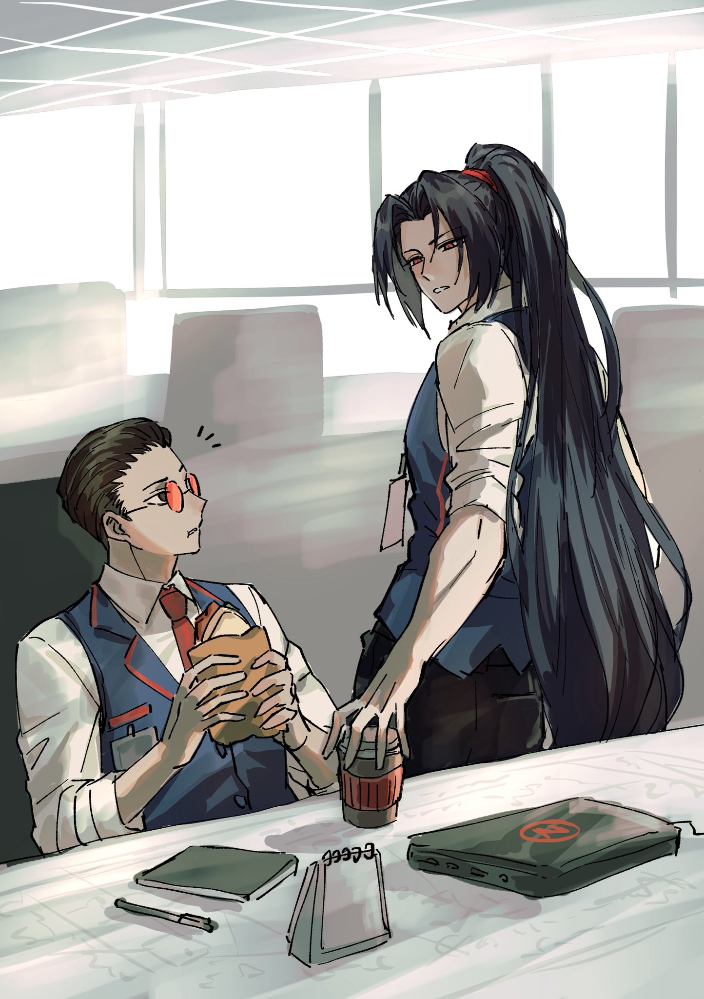 killerohan, jia huan (project moon), limbus company, project moon, highres, 2boys, alternate costume, black eyes, black hair, blue vest, brown eyes, chewing, collared shirt, computer, cup, curtained hair, disposable cup, food, gubo (project moon), hair slicked back, high ponytail, holding, holding cup, holding food, holding sandwich, id card, laptop, looking at another, male focus, multiple boys, necktie, notepad, notice lines, pen, ponytail, red-tinted eyewear, red necktie, sandwich, shirt, short hair, sleeves rolled up, tinted eyewear, toned, toned male, upper body, vest, white shirt