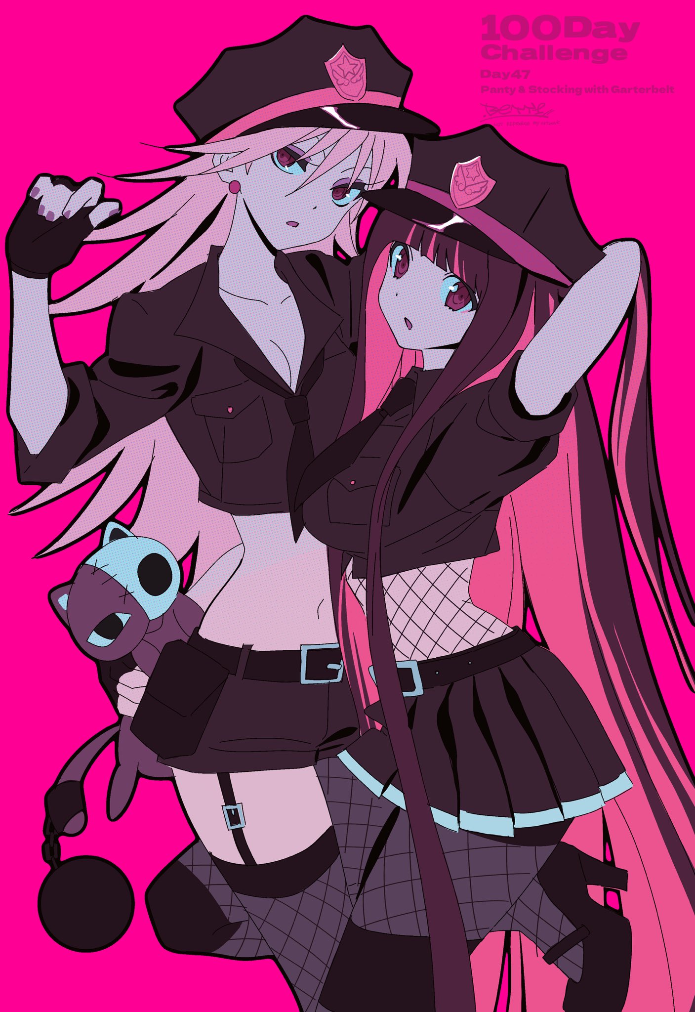 betti (xx betti), honekoneko (psg), panty (psg), stocking (psg), panty & stocking with garterbelt, highres, 2girls, blunt bangs, bodystocking, breasts, cat, cleavage, colored inner hair, fishnet bodystocking, fishnets, long hair, multicolored hair, multiple girls, pink hair, pink theme, police, police uniform, siblings, sisters, stuffed animal, stuffed cat, stuffed toy, two-tone hair
