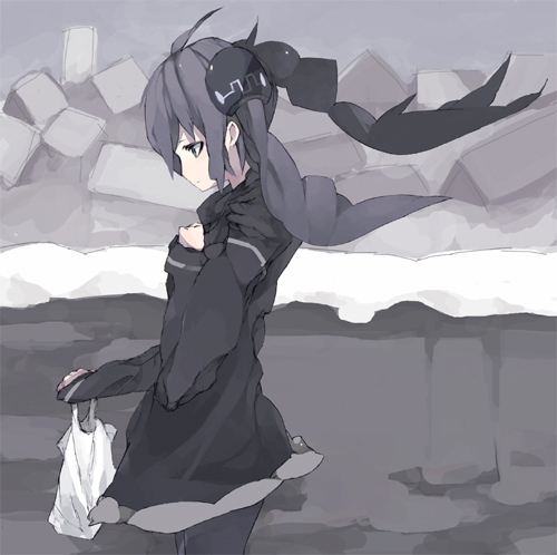 brws, noctropolis, original, lowres, 1girl, ahoge, bag, dress, female focus, green eyes, grey hair, grey theme, greyscale, monochrome, solo, thighhighs, twintails