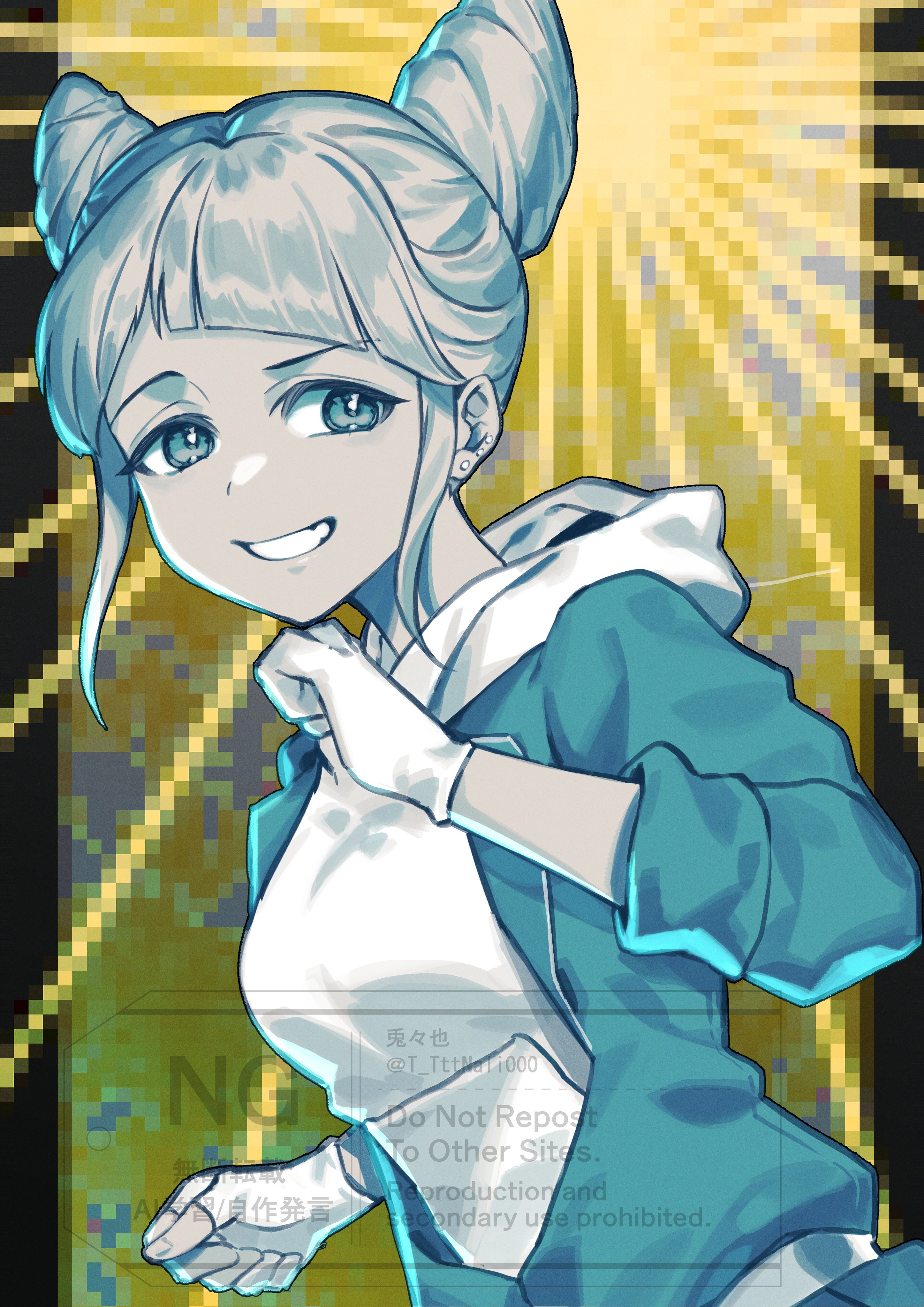 jasmine (toshi densetsu kaitai center), toshi densetsu kaitai center, absurdres, commentary request, highres, 1girl, blue jumpsuit, clenched hands, diagonal bangs, double bun, gloves, grin, hair bun, hood, hood down, hoodie, jumpsuit, limited palette, long sleeves, looking at viewer, partially fingerless gloves, short hair, smile, solo, totonali, upper body, white gloves, white hoodie, yellow background