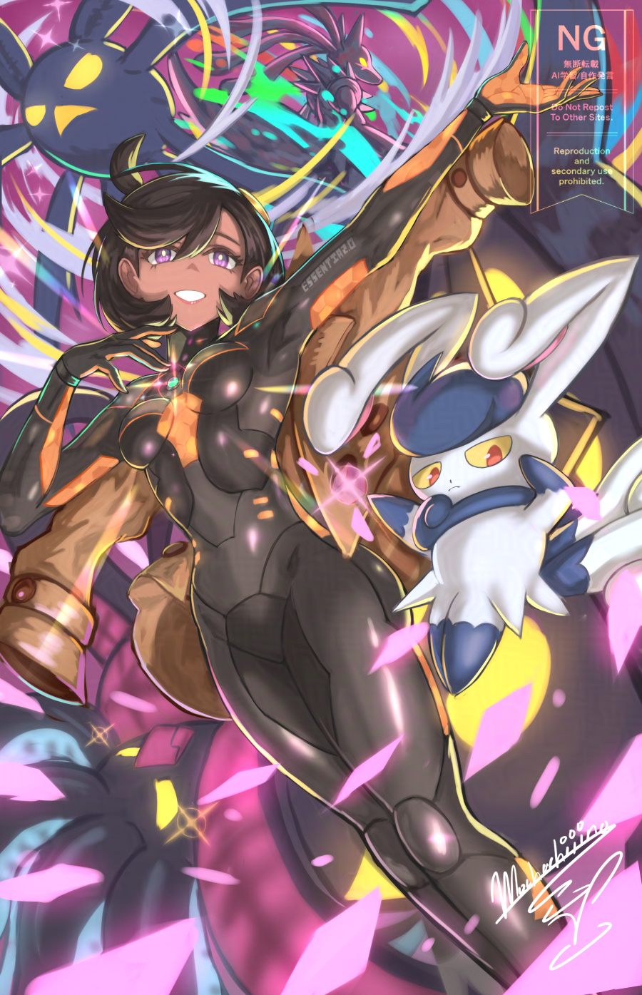 mochachiiino, crobat, emma (pokemon), lucario, malamar, mega lucario, meowstic, meowstic (female), nintendo, pokemon, pokemon legends: z-a, highres, 1girl, bat (animal), black bodysuit, black hair, bodysuit, breasts, brown coat, cat, coat, dark-skinned female, dark skin, gen 2 pokemon, gen 4 pokemon, gen 6 pokemon, gloves, jacket, medium breasts, mega pokemon, mega stone, open clothes, open coat, open mouth, pokemon (creature), purple eyes, short hair, skin tight, smile, solo, squid, teeth
