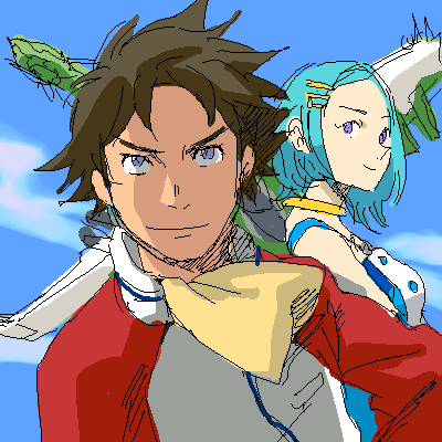renton, eureka (eureka seven), holland novak, renton thurston, talho yuuki, eureka seven, eureka seven (series), lowres, aged up, crossover, holland, oekaki, parody, raglan sleeves