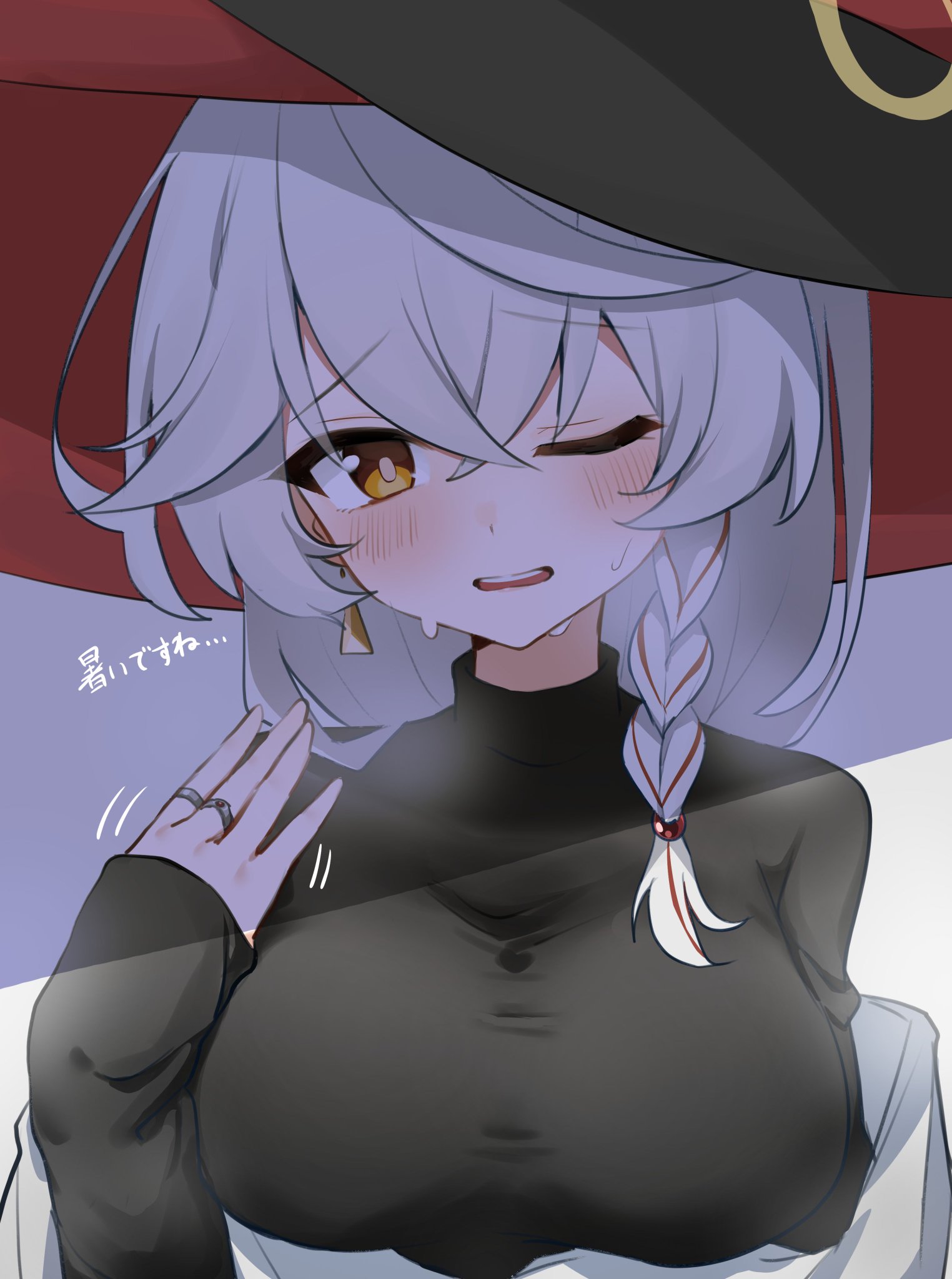 eri (blue archive), blue archive, bow, bowtie, braid, earrings, halo, hat, jacket, jacket partially removed, jewelry, long coat, long hair, panties, ring, shirt, sleeves past wrists, sweat, sweater, underwear, upper body, white hair, witch hat