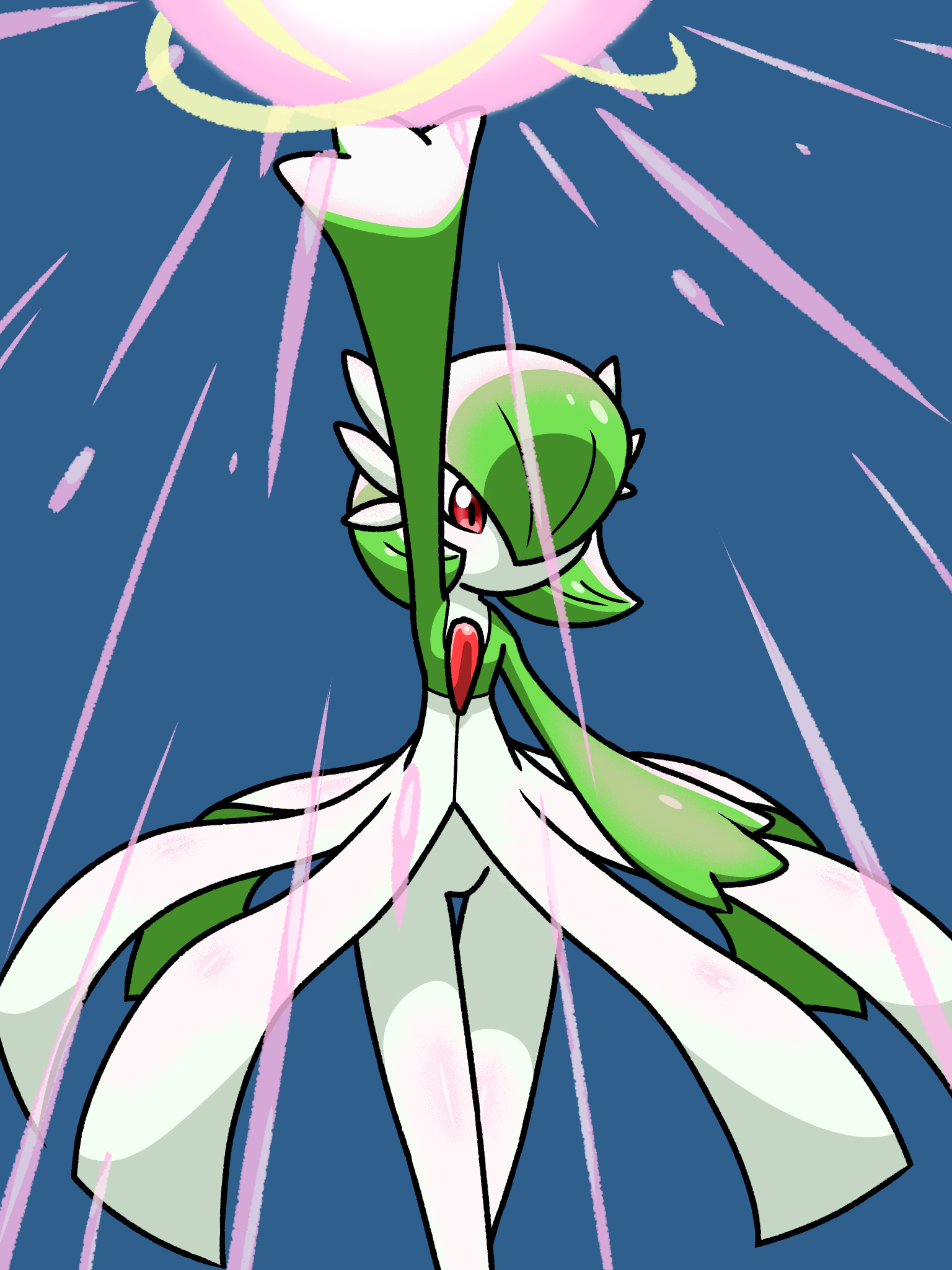 masshu!, gardevoir, nintendo, pokemon, 1girl, arm up, blue background, bob cut, colored skin, energy ball, female focus, flat chest, gen 3 pokemon, green hair, green skin, groin, hair over one eye, looking afar, moonblast (pokemon), multicolored skin, no mouth, one eye covered, outstretched arm, pokemon (creature), pokemon move, red eyes, short hair, simple background, solo, thighs, two-tone skin, white skin