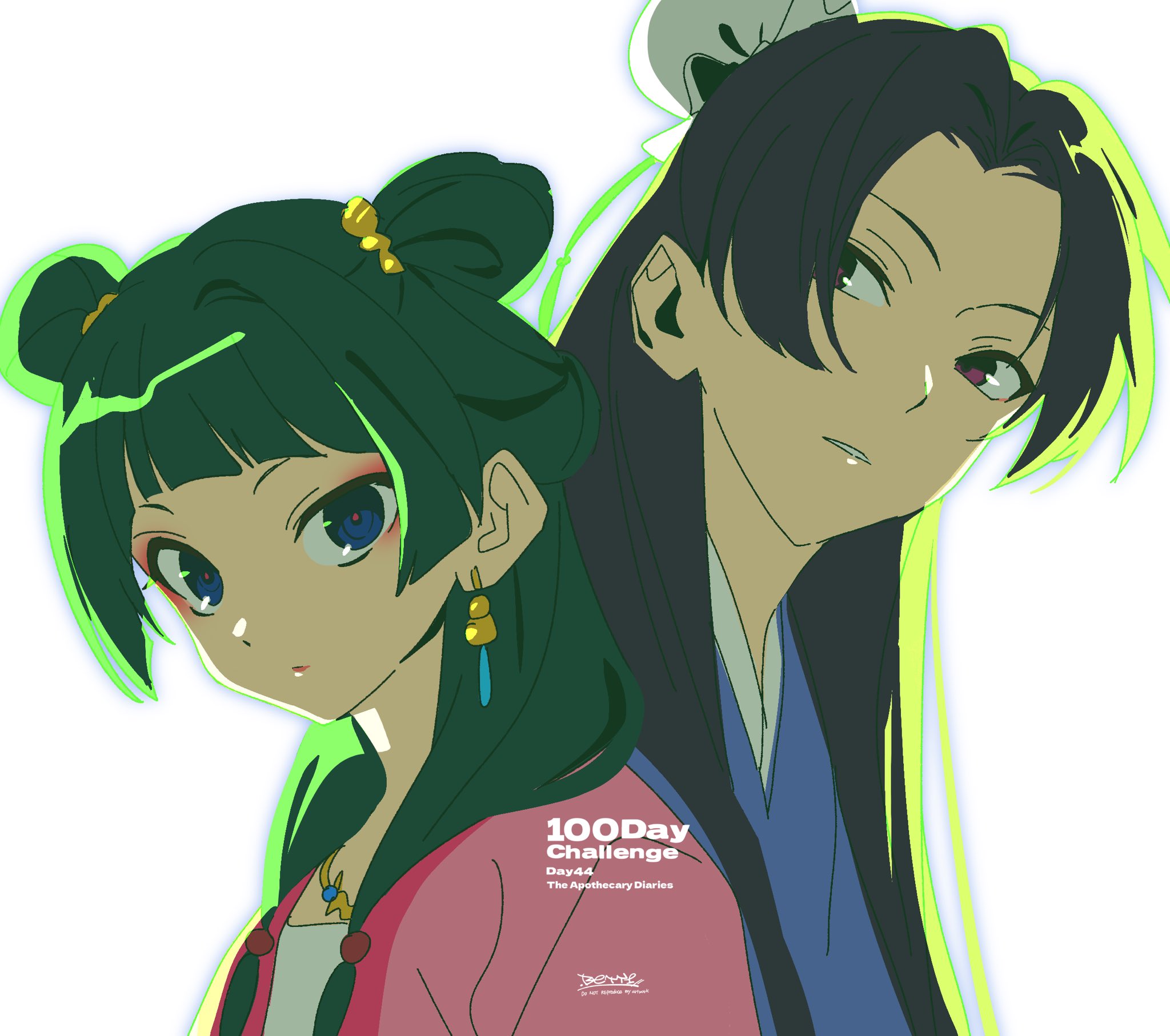 betti (xx betti), maomao (kusuriya no hitorigoto), kusuriya no hitorigoto, highres, 1boy, 1girl, beads, blue eyes, blunt bangs, bun cover, chinese clothes, earrings, eyeshadow, green hair, hair beads, hair bun, hair ornament, jewelry, long hair, looking at viewer, makeup, purple eyes, simple background, upper body, white background
