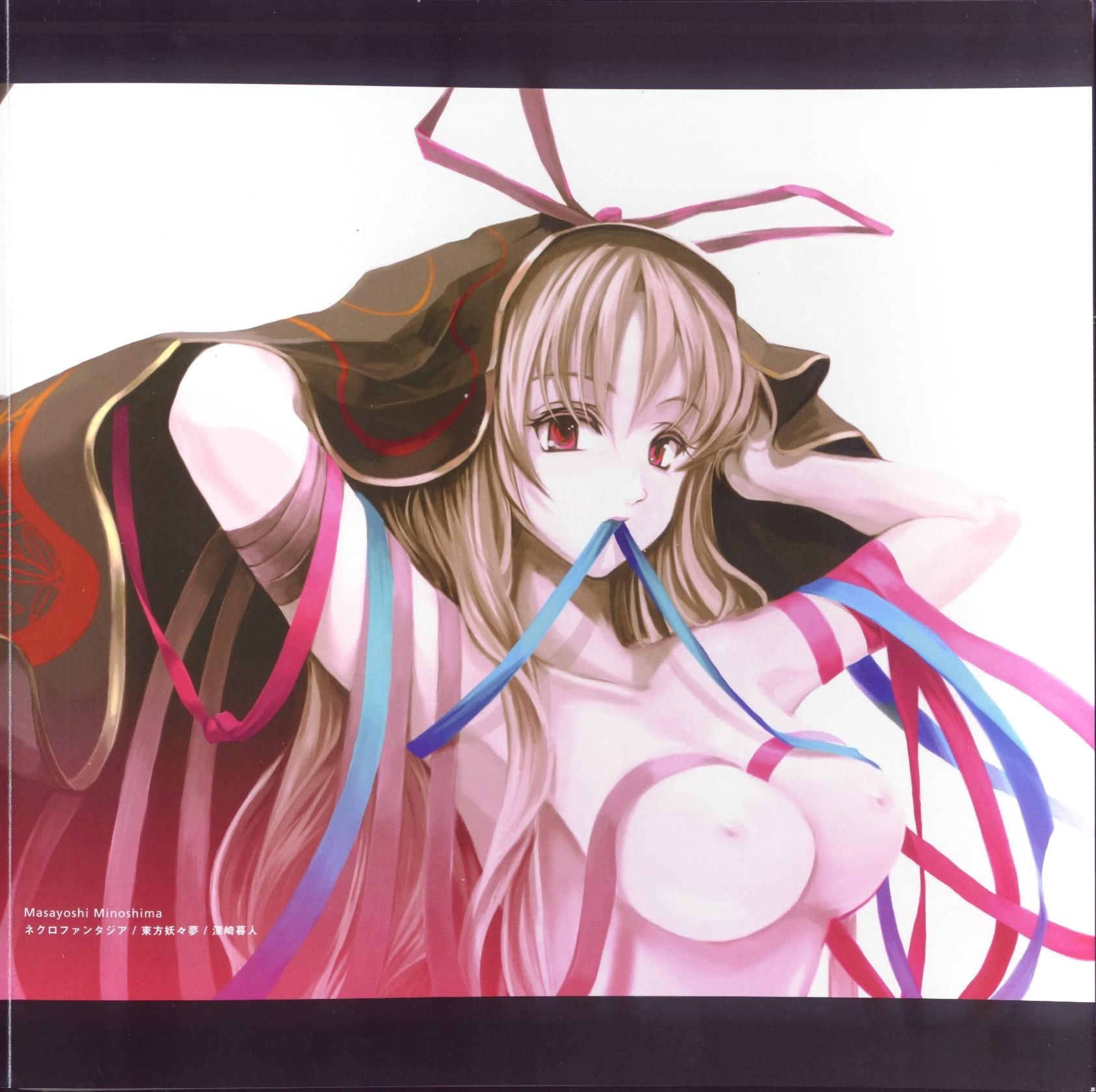 cradle (circle), misaki kurehito, yakumo yukari, team shanghai alice, touhou, highres, 1girl, blonde hair, breasts, female focus, large breasts, long hair, mouth hold, nipples, nude, red eyes, ribbon, solo