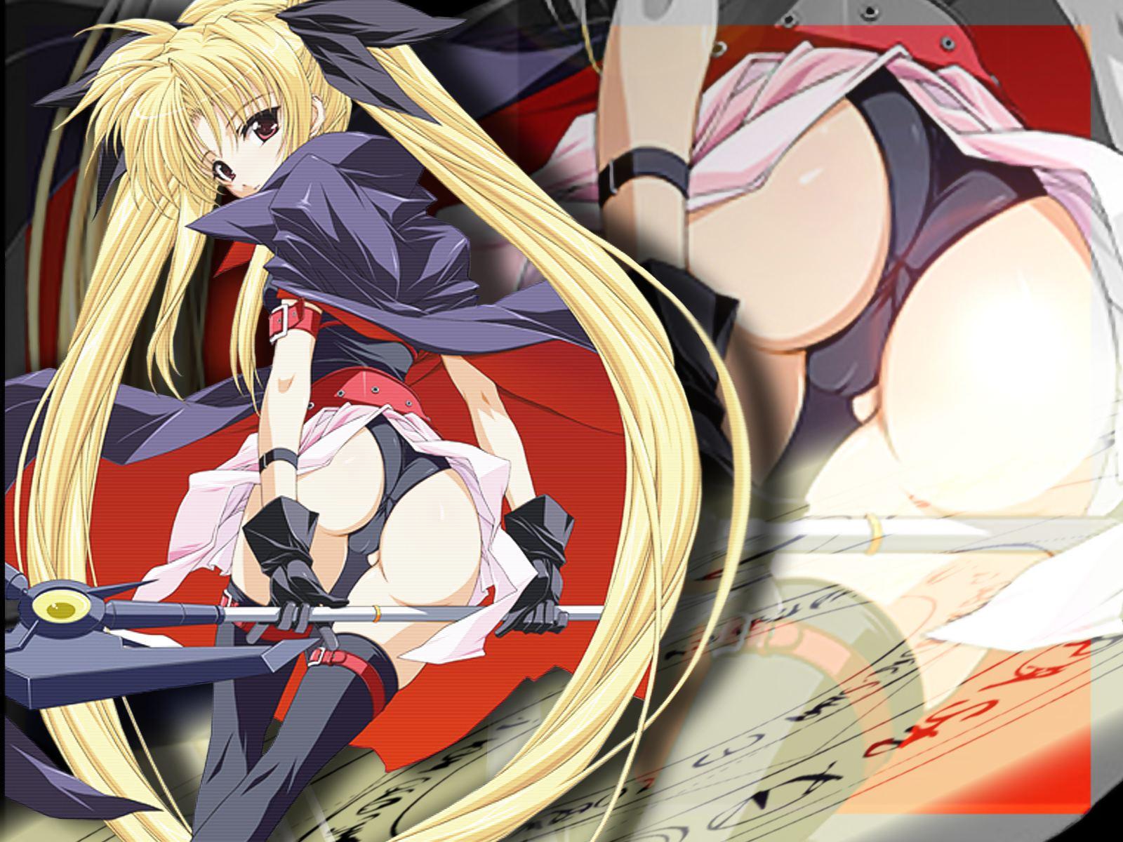 bardiche (device form) (nanoha), bardiche (nanoha), fate testarossa, fate testarossa (original form), lyrical nanoha, mahou shoujo lyrical nanoha, highres, 00s, black thighhighs, scanlines, solo, thighhighs