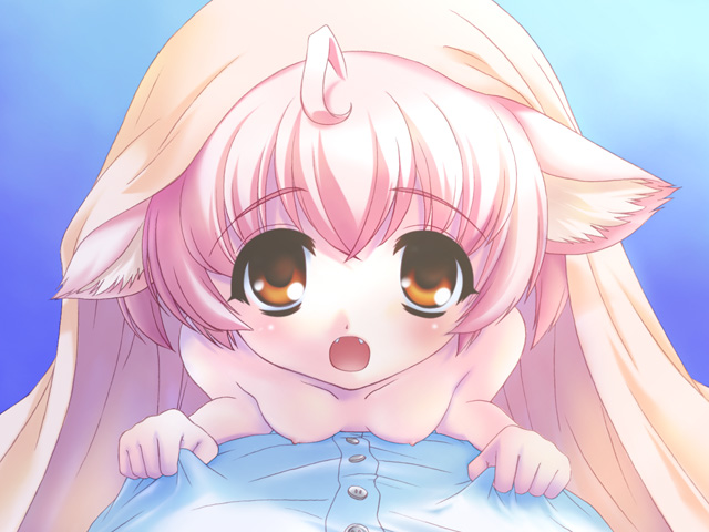 nyan nyako nyan, game cg, 1girl, ahoge, animal ears, bed, blush, fangs, flat chest, loli, pink hair, solo focus