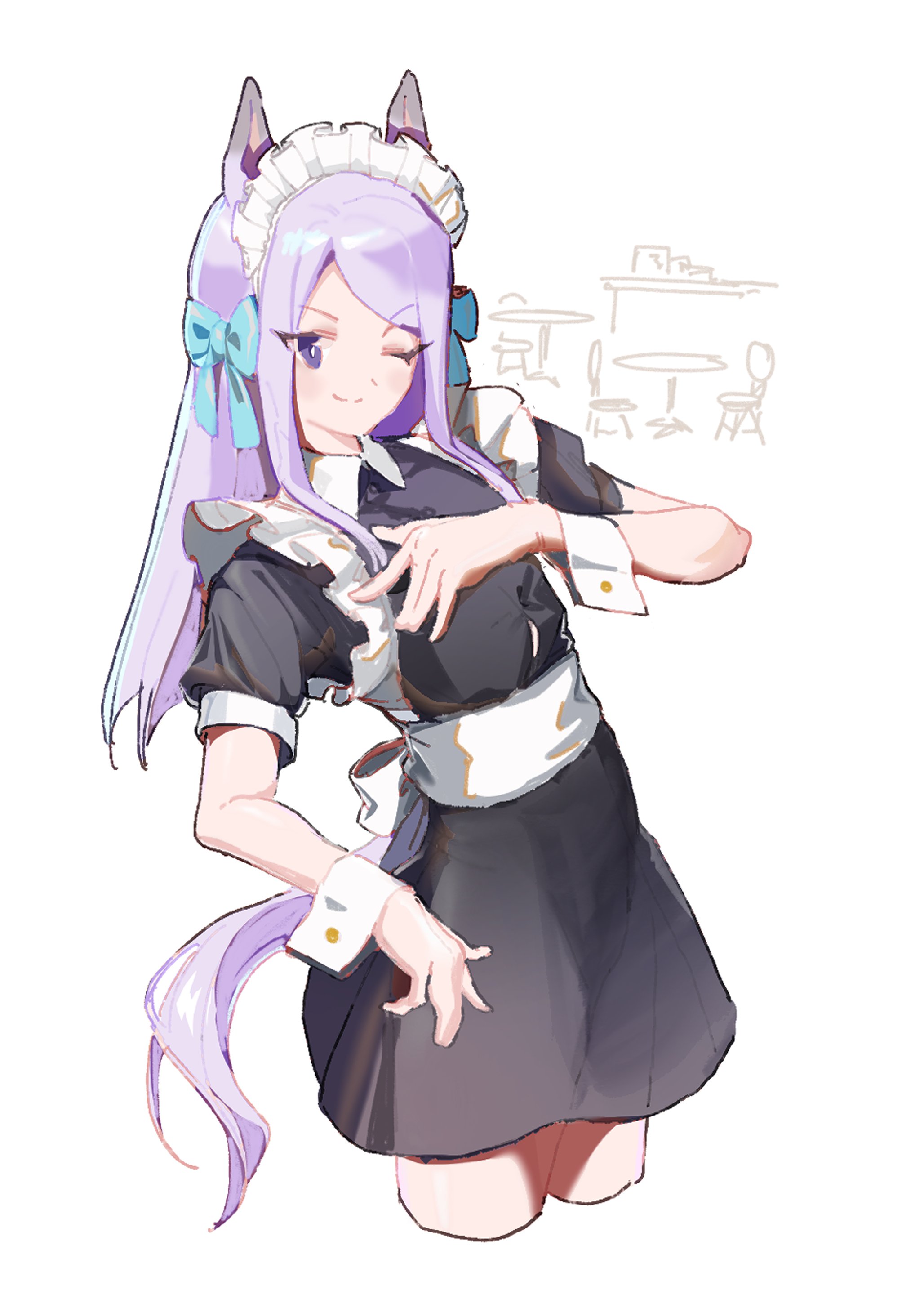 hukurou96, mejiro mcqueen (umamusume), umamusume, absurdres, highres, 1girl, animal ears, aqua bow, black dress, blush, bow, breasts, closed mouth, dress, ear bow, headdress, horse ears, horse girl, horse tail, long hair, looking at viewer, maid, maid headdress, one eye closed, purple eyes, purple hair, short sleeves, simple background, smile, solo, tail, wrist cuffs