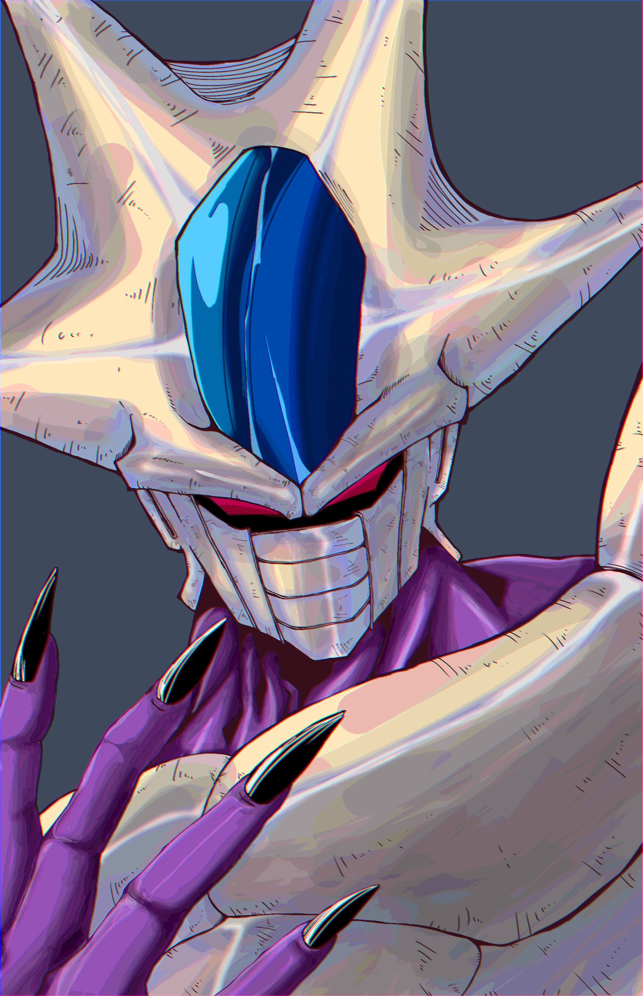 cooler (dragon ball), dragon ball, dragonball z, highres, 1boy, alien, colored skin, grey background, male focus, mokorakugaki, purple skin, red eyes, simple background, solo, upper body