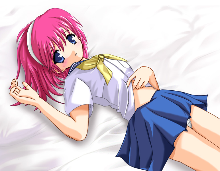 1girl, bed, blue eyes, female focus, pink hair, pleated skirt, school uniform, serafuku, short hair, skirt, solo