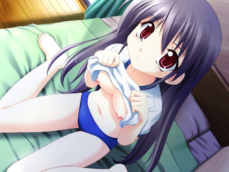 yamino kenji, sakagami minami, koimomo, game cg, 1girl, bed, black hair, breasts, buruma, clothes lift, dutch angle, female focus, from above, gym uniform, light smile, long hair, navel, nipples, no bra, on bed, red eyes, shirt lift, sitting, small breasts, solo, wariza, wooden floor
