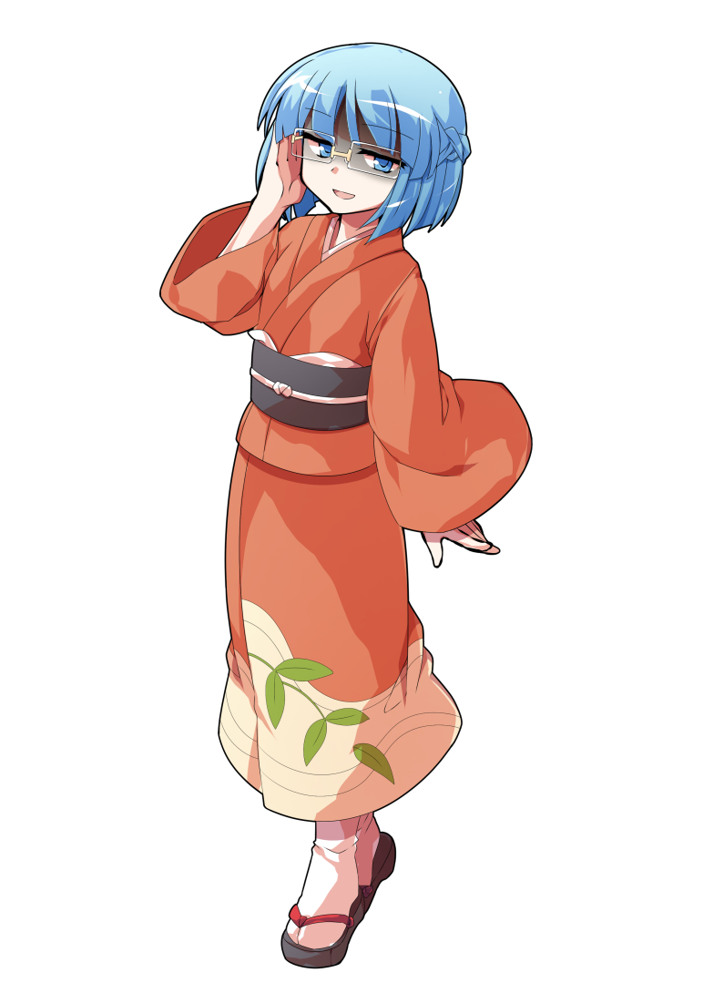 dairi, zashiki-warashi (touhou), lotus eaters, touhou, commentary request, commission, large variant set, skeb commission, variant set, 1girl, alphes (style), blue eyes, blue hair, braid, full body, glasses, half-closed eyes, hand up, japanese clothes, kimono, leaf print, looking at viewer, obi, orange kimono, parody, parted lips, sandals, sash, shaded face, short hair, smile, socks, solo, standing, style parody, tachi-e, transparent background, white socks, wide sleeves