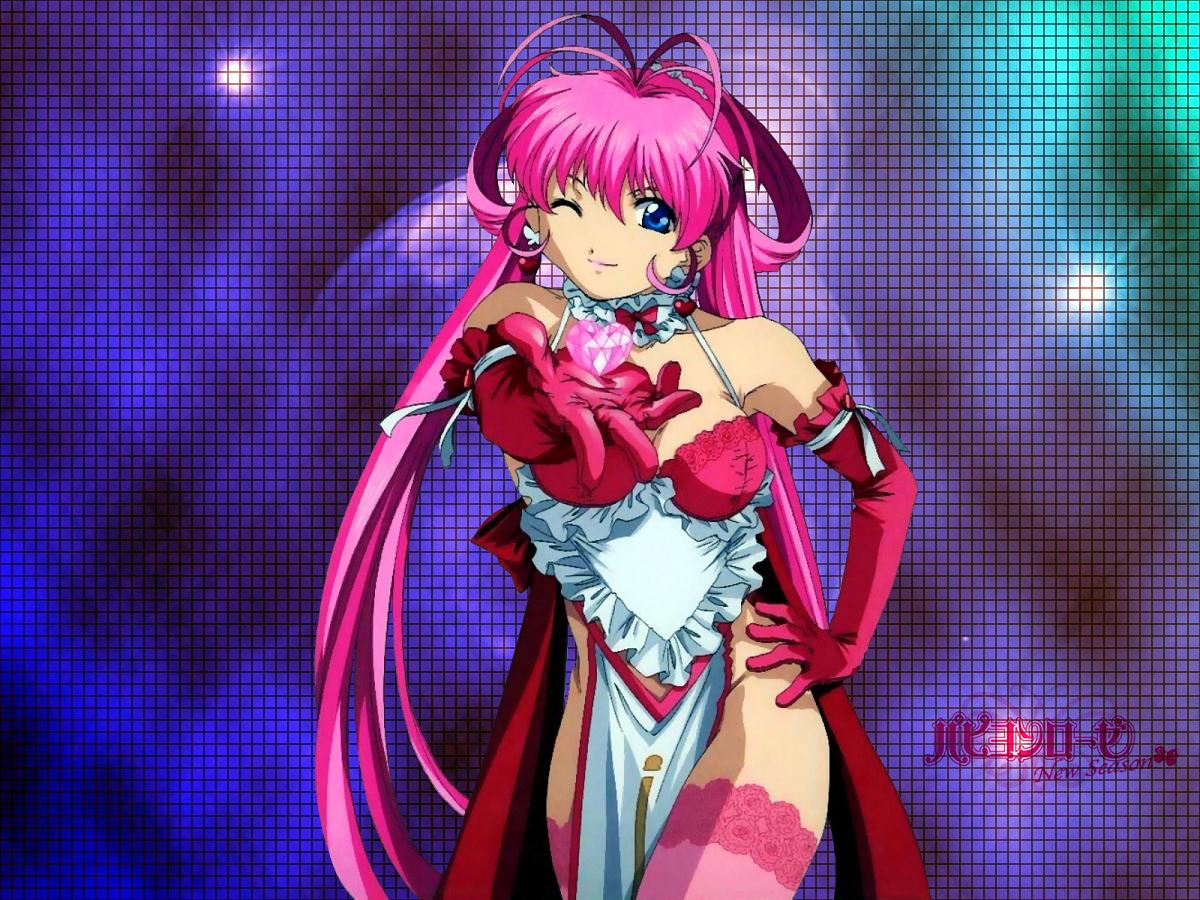 papillon rose, lingerie senshi papillon rose, lace-trimmed legwear, 00s, 1girl, antenna hair, blue eyes, bra, detached collar, earrings, elbow gloves, female focus, gloves, hair rings, hand on own hip, jewelry, lace, lace trim, lingerie, long hair, one eye closed, pelvic curtain, pink hair, pink thighhighs, solo, thighhighs, underwear, very long hair, wink