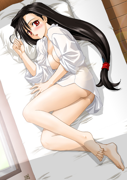 kedo mitsuharu, tifa lockhart, final fantasy, final fantasy vii, 1990s (style), 1girl, ass, barefoot, bed, breasts, cleavage, feet, female focus, long hair, low-tied long hair, no bra, open clothes, open shirt, red eyes, retro artstyle, shirt, signature, sleeves rolled up, solo