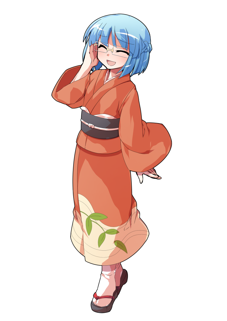dairi, zashiki-warashi (touhou), lotus eaters, touhou, commentary request, commission, large variant set, skeb commission, variant set, 1girl, alphes (style), blue hair, blush, braid, closed eyes, full body, glasses, hand up, japanese clothes, kimono, leaf print, obi, open mouth, orange kimono, parody, sandals, sash, short hair, smile, socks, solo, standing, style parody, tachi-e, transparent background, white socks, wide sleeves