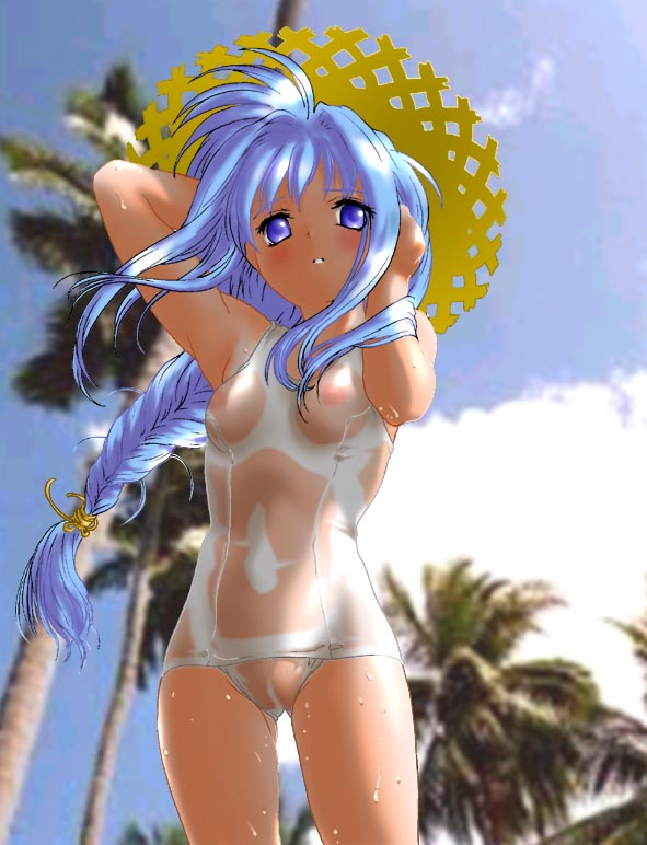 saida kazuaki, original, 1girl, beach, blue eyes, blue hair, braid, breasts, cowboy shot, day, female focus, hat, long hair, matching hair/eyes, nipples, one-piece swimsuit, outdoors, palm tree, school swimsuit, see-through clothes, shirt, single braid, sky, small breasts, solo, straw hat, swimsuit, tree, wet, wet clothes, wet shirt, white one-piece swimsuit, white school swimsuit, wind