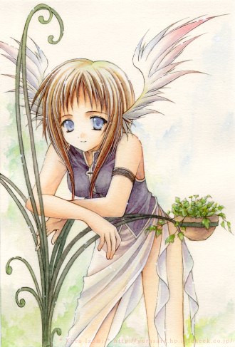 izumi yura, original, lowres, 1girl, blue eyes, brown hair, female focus, head wings, long hair, smile, solo, wings