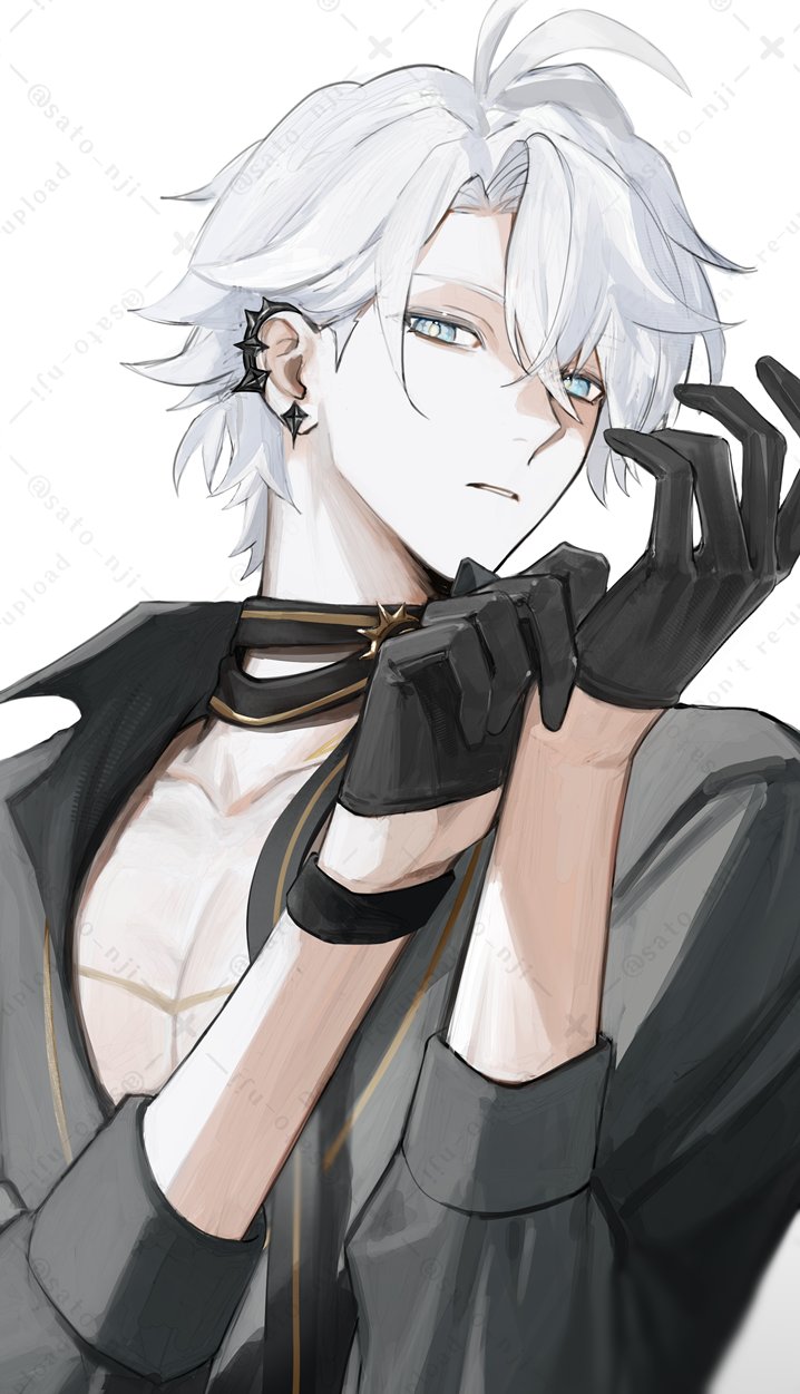 sato nji, phainon (fashion) (honkai: star rail), phainon (honkai: star rail), honkai: star rail, honkai (series), highres, 1boy, adjusting clothes, adjusting gloves, ahoge, antenna hair, bishounen, black choker, black gloves, black ribbon, black shirt, blue eyes, choker, collarbone, collared shirt, ear piercing, earrings, gloves, hair between eyes, half gloves, hands up, jewelry, long sleeves, looking at viewer, male focus, neck ribbon, official alternate costume, parted lips, pectoral cleavage, pectorals, piercing, ribbon, shirt, short hair, simple background, solo, upper body, watermark, watermark grid, white background, white hair