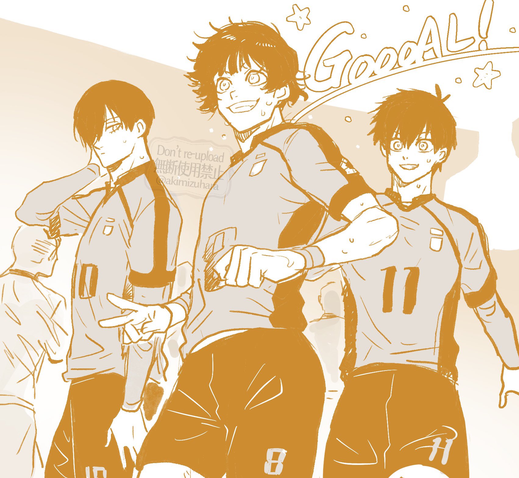 mizuhara aki, bachira meguru, isagi yoichi, itoshi rin, blue lock, commentary, highres, 3boys, closed mouth, cowboy shot, from below, happy, looking at another, male focus, monochrome, multiple boys, short hair, shorts, smile, soccer uniform, sportswear, standing