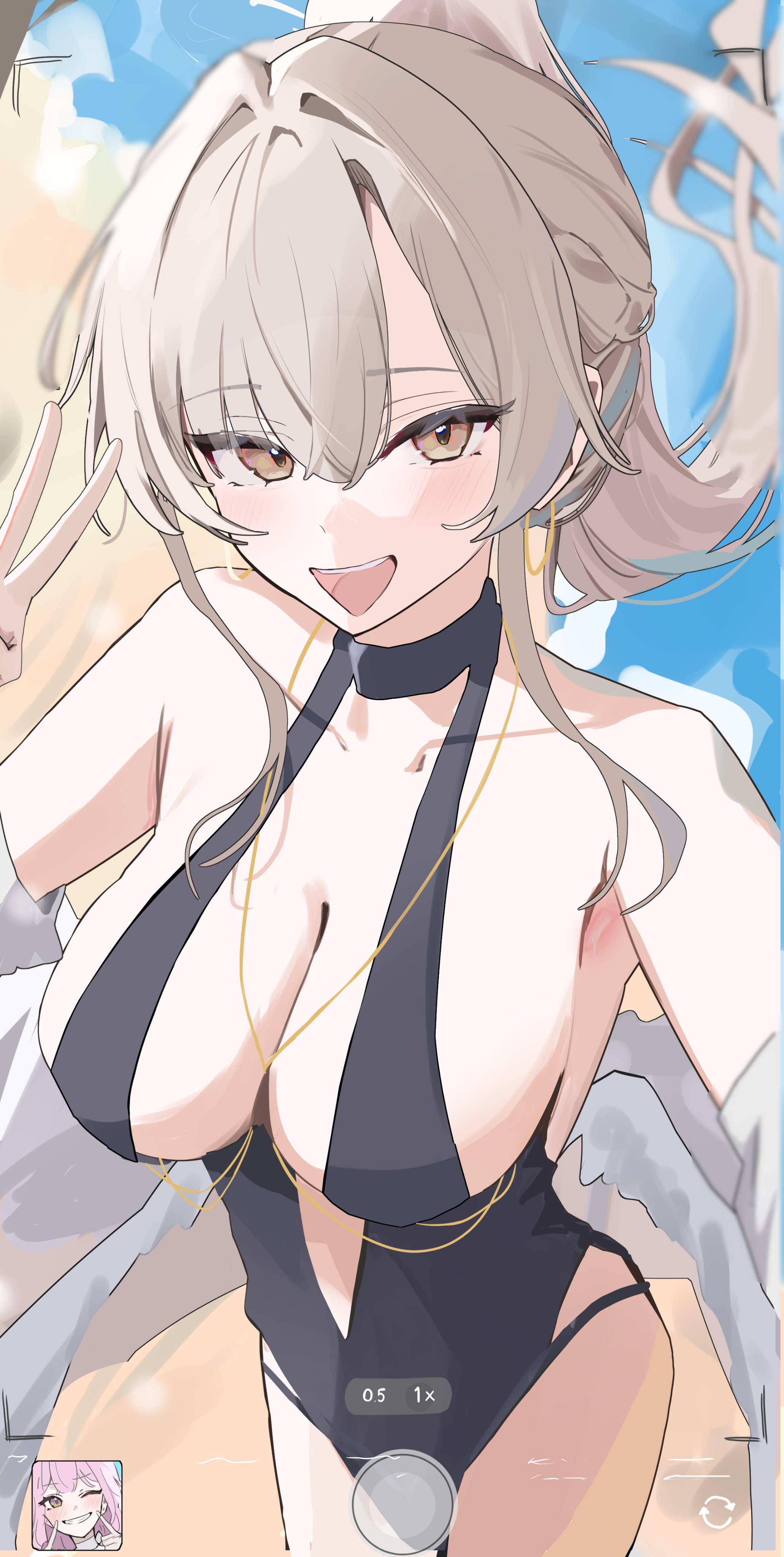 mika (blue archive), mika (swimsuit) (blue archive), nagisa (blue archive), nagisa (swimsuit) (blue archive), blue archive, absurdres, highres, 1girl, amanome121, black one-piece swimsuit, breasts, camera, camera pov, feathered wings, large breasts, low wings, official alternate costume, official alternate hairstyle, one-piece swimsuit, phone, pov, solo, swimsuit, white wings, wings