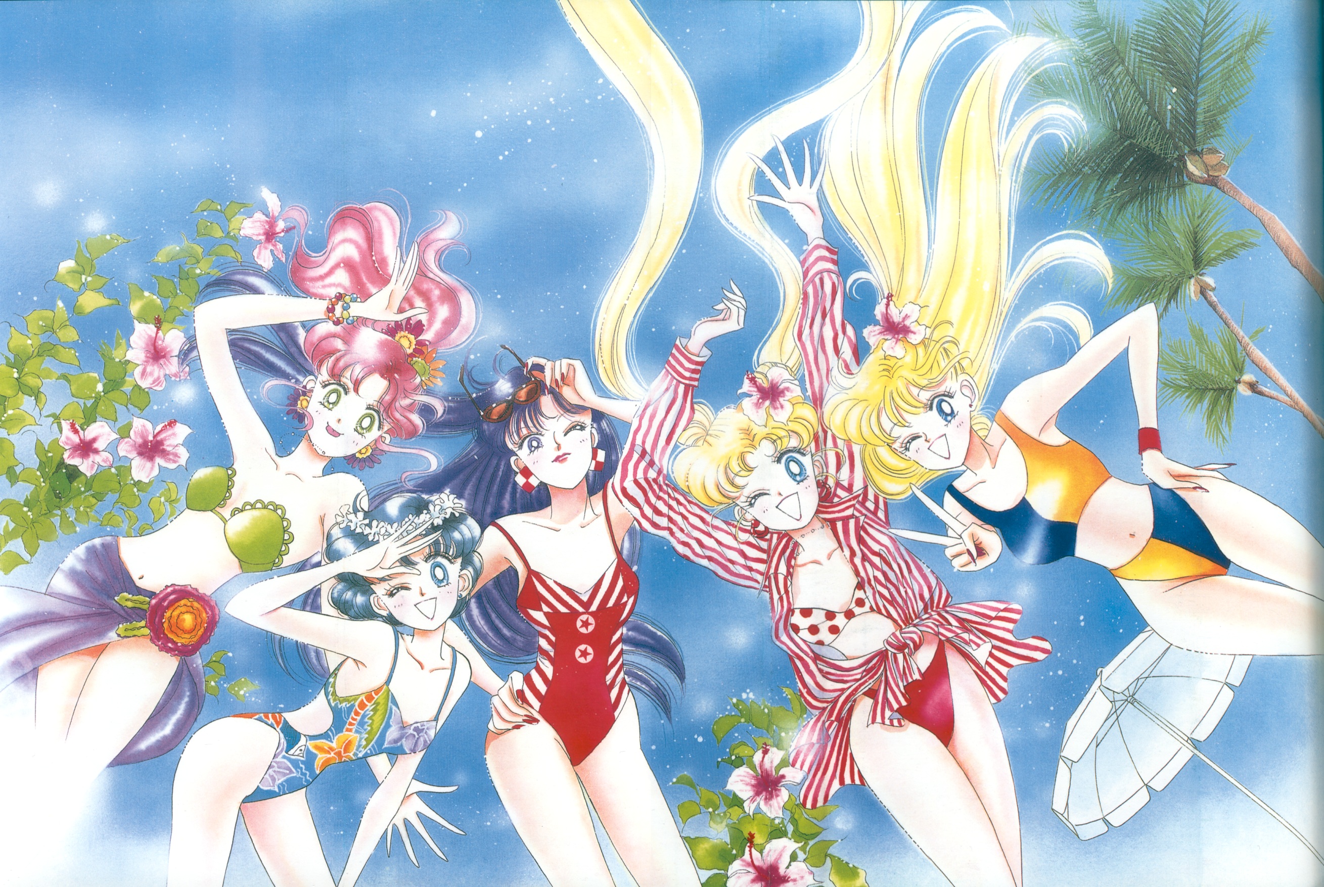 takeuchi naoko, aino minako, hino rei, kino makoto, mizuno ami, tsukino usagi, bishoujo senshi sailor moon, commentary, highres, official art, 1990s (style), 5girls, :p, arms up, bare arms, bikini, bikini top only, blonde hair, blue eyes, blue hair, bracelet, breasts, brown hair, casual one-piece swimsuit, circle formation, double bun, earrings, everyone, flower, green eyes, hair bun, hair flower, hair ornament, half updo, hand on own hip, head wreath, hibiscus, highleg, highleg bikini, jewelry, long hair, looking at viewer, midriff, multicolored bikini, multiple girls, nail polish, navel, necklace, one-piece swimsuit, one eye closed, open mouth, palm tree, ponytail, purple eyes, purple hair, red nails, retro artstyle, sarong, shirt, short hair, sky, smile, sports bikini, strap slip, striped clothes, striped shirt, sunglasses, swimsuit, tied shirt, tongue, tongue out, tree, twintails, two-tone bikini, two-tone swimsuit, umbrella, v, very long hair, wink, wristband