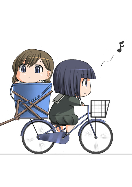 katwu (gensou ninja yashiki), nijou noriko, toudou shimako, maria-sama ga miteru, 00s, 2girls, bicycle, black hair, blue eyes, blunt bangs, bob cut, brown hair, bucket, chibi, chibi only, from side, green skirt, in bucket, in container, light smile, multiple girls, musical note, pleated skirt, profile, riding, riding bicycle, rope, school uniform, serafuku, short hair, simple background, skirt, spoken musical note, white background