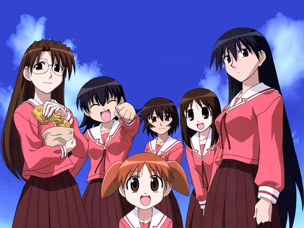 kagura, kagura (azumanga daioh), kasuga ayumu, mihama chiyo, mizuhara koyomi, sakaki (azumanga daioh), takino tomo, azumanga daiou, 6+girls, blue hair, brown eyes, brown hair, child, everyone, glasses, long hair, multiple girls, orange hair, pleated skirt, school uniform, serafuku, short twintails, skirt, twintails