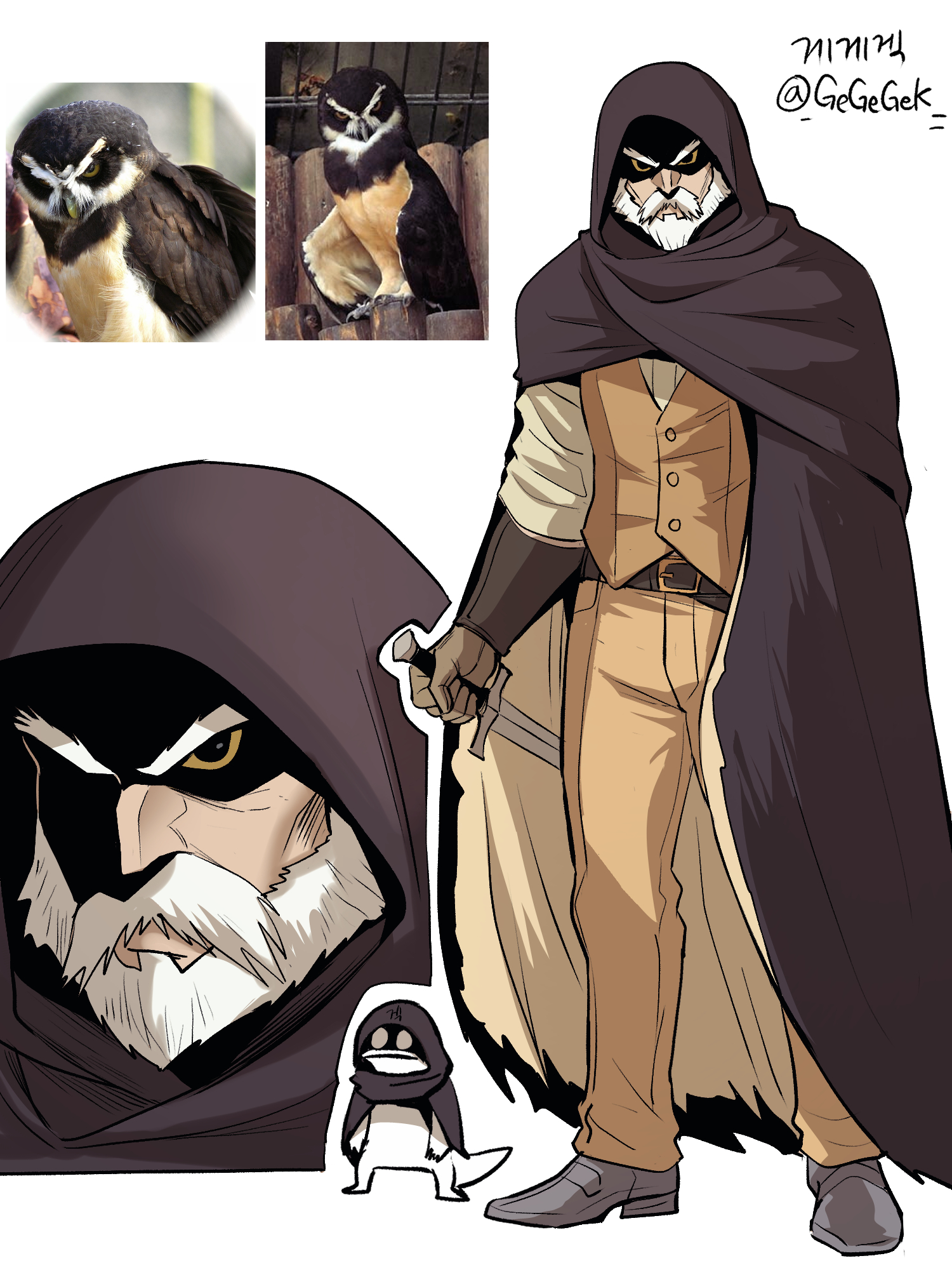 gegegekman, original, highres, 1boy, artist name, artist self-insert, beard, belt, belt buckle, bird, bird boy, black cloak, brown belt, brown cloak, brown pants, brown shirt, brown vest, buckle, cloak, creature and personification, dagger, dress shoes, facial hair, full body, grey shoes, holding, holding dagger, holding knife, holding weapon, hood, hood up, knife, korean text, loafers, male focus, multiple views, mustache, old, old man, outline, owl, owl boy, pants, personification, reference inset, shaded face, shirt, shoes, signature, simple background, solo focus, twitter username, two-sided fabric, v-shaped eyebrows, v-shaped eyes, vest, waistcoat, weapon, white background, white hair, white outline, yellow eyes