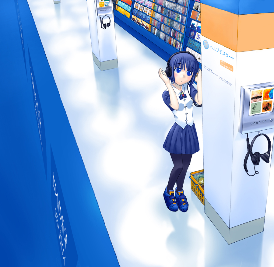 98-tan, os-tan, 1girl, blue eyes, blue hair, bob cut, female focus, from above, hand on own ear, headphones, matching hair/eyes, pantyhose, pillar, shoes, shop, shopping basket, short hair, skirt, sneakers, solo