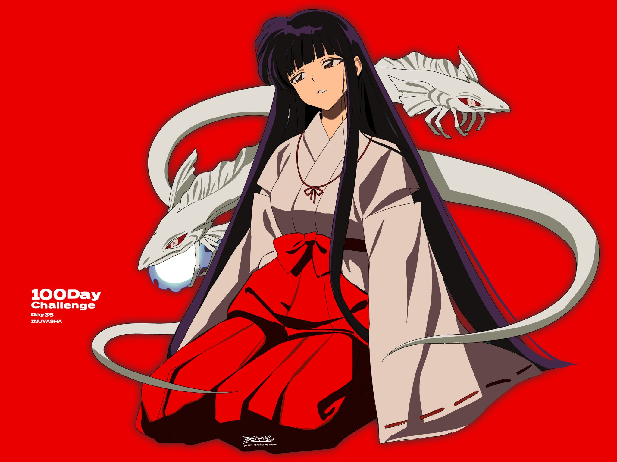 betti (xx betti), inuyasha, highres, black hair, blunt bangs, breasts, english text, long hair, long sleeves, parted lips, red background, simple background, straight hair, very long hair
