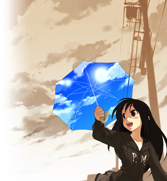 morii shizuki, 1girl, :d, black eyes, black hair, female focus, hood, hoodie, long hair, open mouth, outdoors, power lines, sky, sky print, smile, solo, umbrella, utility pole