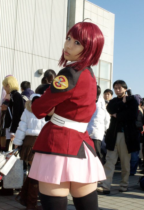 lunamaria hawke, gundam, gundam seed, gundam seed destiny, cosplay photo, photo (medium), 1girl, ahoge, asian, cosplay, solo focus, thighhighs