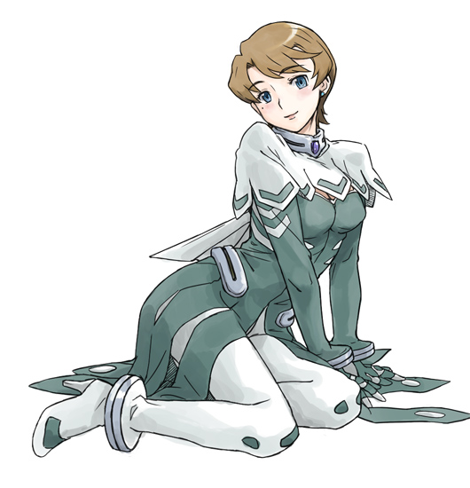 minato fumi, yukariko steinberg, my-otome, uniform, 00s, 1girl, blue eyes, choker, earrings, female focus, full body, gem, head tilt, high heels, jewelry, long sleeves, looking at viewer, short hair, simple background, sitting, solo, white background, yokozuwari