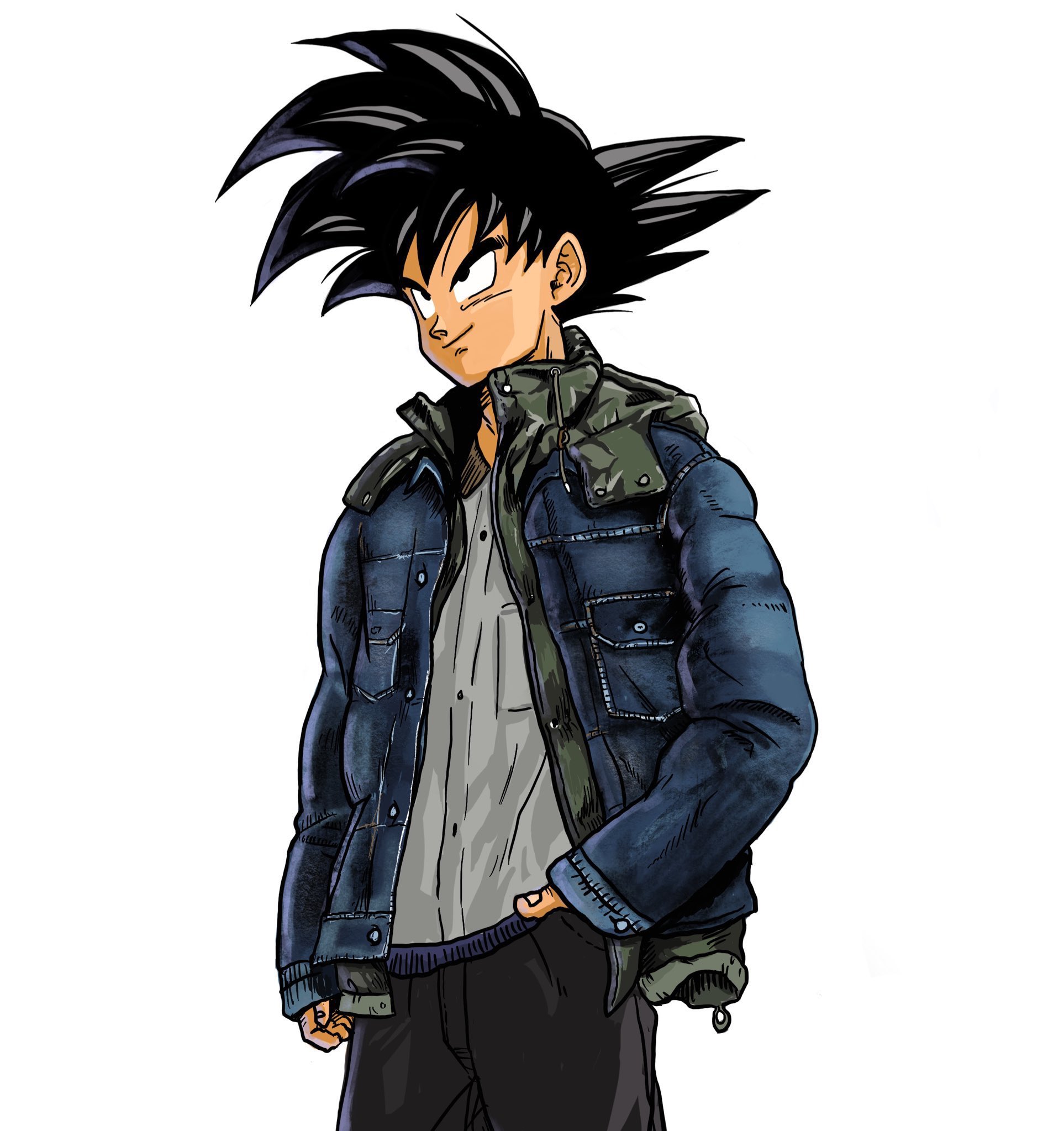 nicocolors, son goku, dragon ball, dragonball z, highres, 1boy, alternate costume, black hair, black pants, blue jacket, cowboy shot, grey shirt, hand in pocket, jacket, male focus, open clothes, open jacket, pants, shirt, simple background, smile, solo, spiked hair, white background