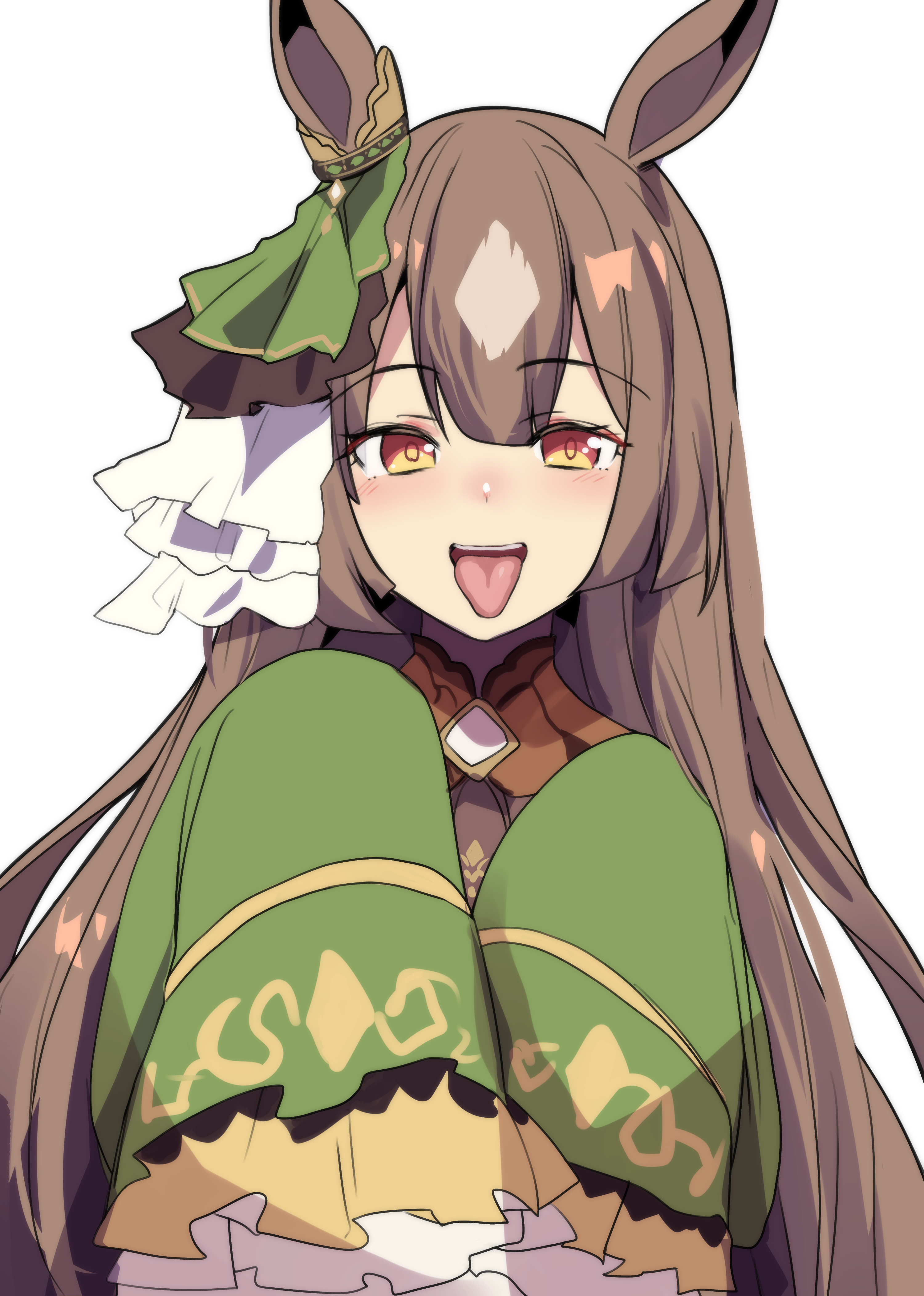 hinghoi, satono diamond (umamusume), umamusume, absurdres, highres, 1girl, animal ears, ascot, blush, bow, brown ascot, brown eyes, brown hair, dress, ear ornament, ear ribbon, green jacket, hair between eyes, horse ears, horse girl, jacket, long hair, long sleeves, looking at viewer, meme, multicolored hair, open mouth, simple background, sleeves past fingers, sleeves past wrists, smile, solo, streaked hair, teeth, tongue, tongue out, upper body, upper teeth only, very long hair, white background, wide sleeves