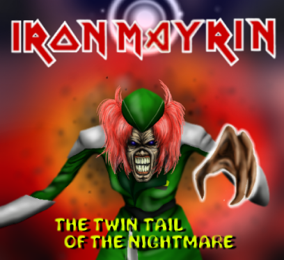 eddie the head, meyrin hawke, gundam, gundam seed, gundam seed destiny, iron maiden (band), derivative work, lowres, album cover, album cover redraw, cover, crossover, monster, no humans, parody, pun, solo, twintails, what
