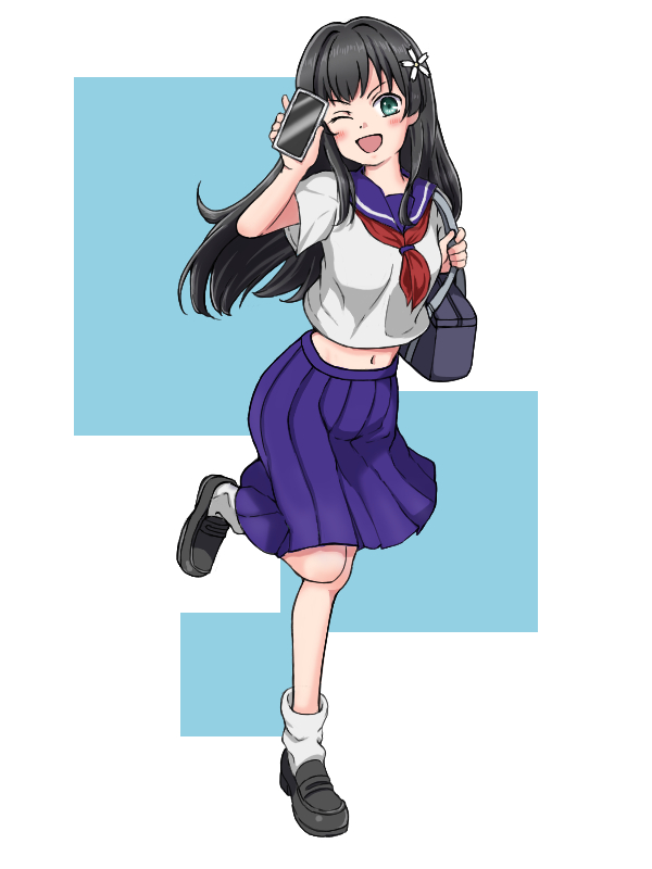 hotineko, saten ruiko, toaru kagaku no railgun, toaru majutsu no index, 1girl, ;d, black hair, blue background, blue eyes, blue sailor collar, blue skirt, cellphone, flower, full body, hair flower, hair ornament, holding, holding phone, loafers, long hair, midriff, navel, neckerchief, one eye closed, open mouth, phone, pleated skirt, red neckerchief, sailor collar, sakugawa school uniform, school uniform, serafuku, shirt, shoes, skirt, smartphone, smile, socks, solo, standing, standing on one leg, two-tone background, white background, white shirt, white socks