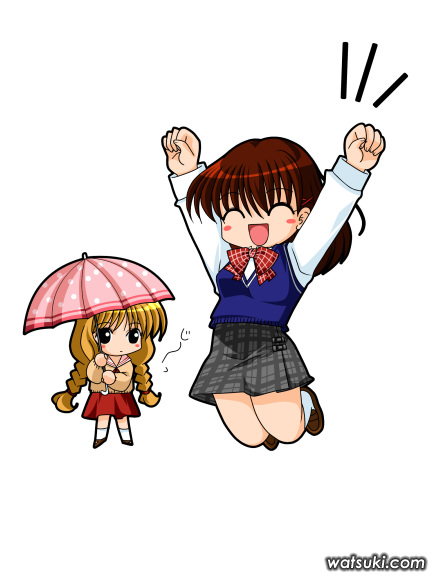 shiko, watsuki ayamo, satomura akane, yuzuki shiiko, one – kagayaku kisetsu e, 00s, chibi, chibi only, school uniform, serafuku, umbrella