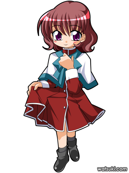 watsuki ayamo, amano mishio, kanon, 1girl, chibi, chibi only, female focus, purple eyes, red hair, red skirt, school uniform, serafuku, simple background, skirt, skirt hold, solo, white background