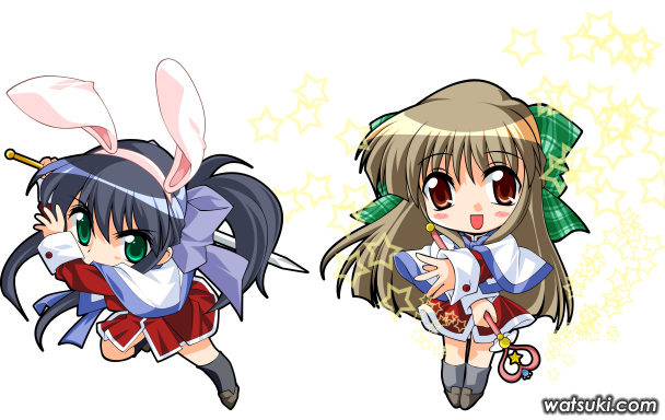 watsuki ayamo, kawasumi mai, kurata sayuri, kanon, 2girls, :d, animal ears, black hair, blush, bow, brown hair, chibi, chibi only, fake animal ears, full body, green eyes, hair bow, hairband, holding, holding sword, holding weapon, kneehighs, long sleeves, looking at viewer, multiple girls, open mouth, ponytail, rabbit ears, red skirt, school uniform, serafuku, skirt, smile, socks, staff, standing, sword, wand, weapon