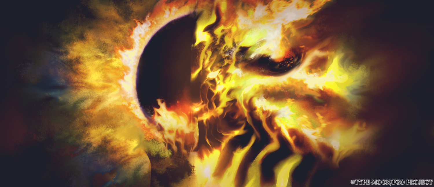 puccapucca02, surtr (fate), fate/grand order, fate (series), official art, company name, copyright name, copyright notice, fire, giant, glowing, glowing eyes, gotterdammerung (fate/grand order), horns, sun